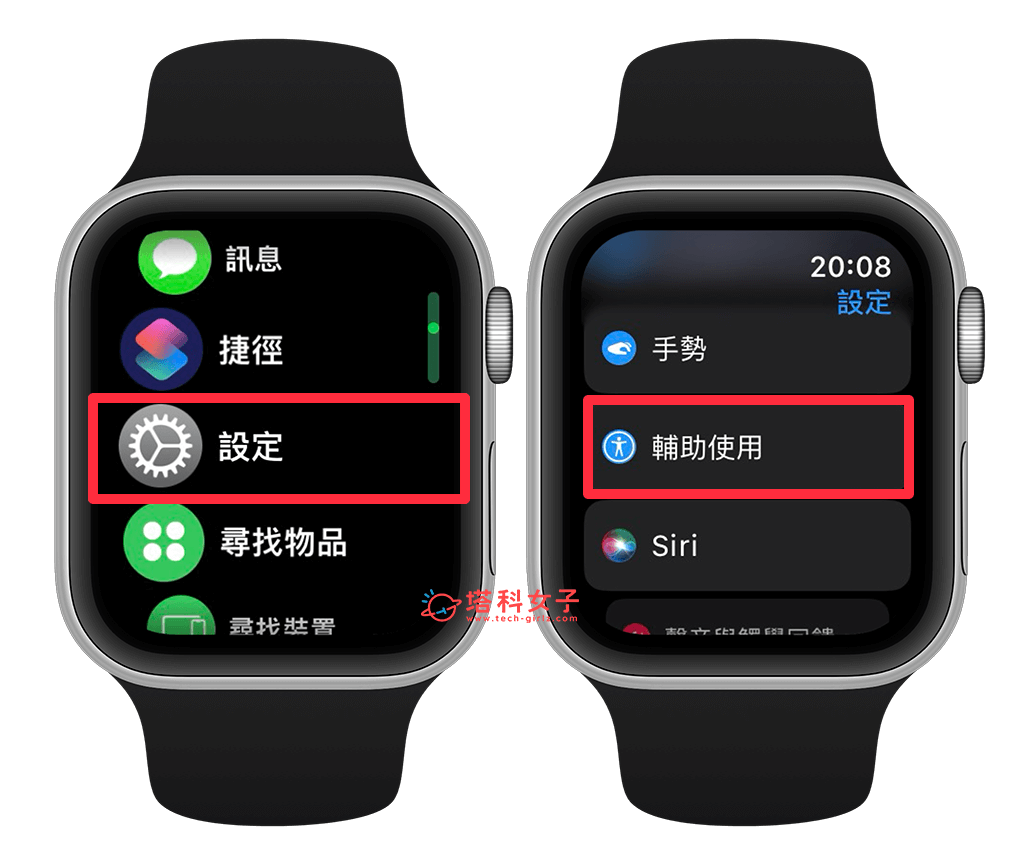 Apple Watch 拍照手勢設定：設定 > 輔助使用