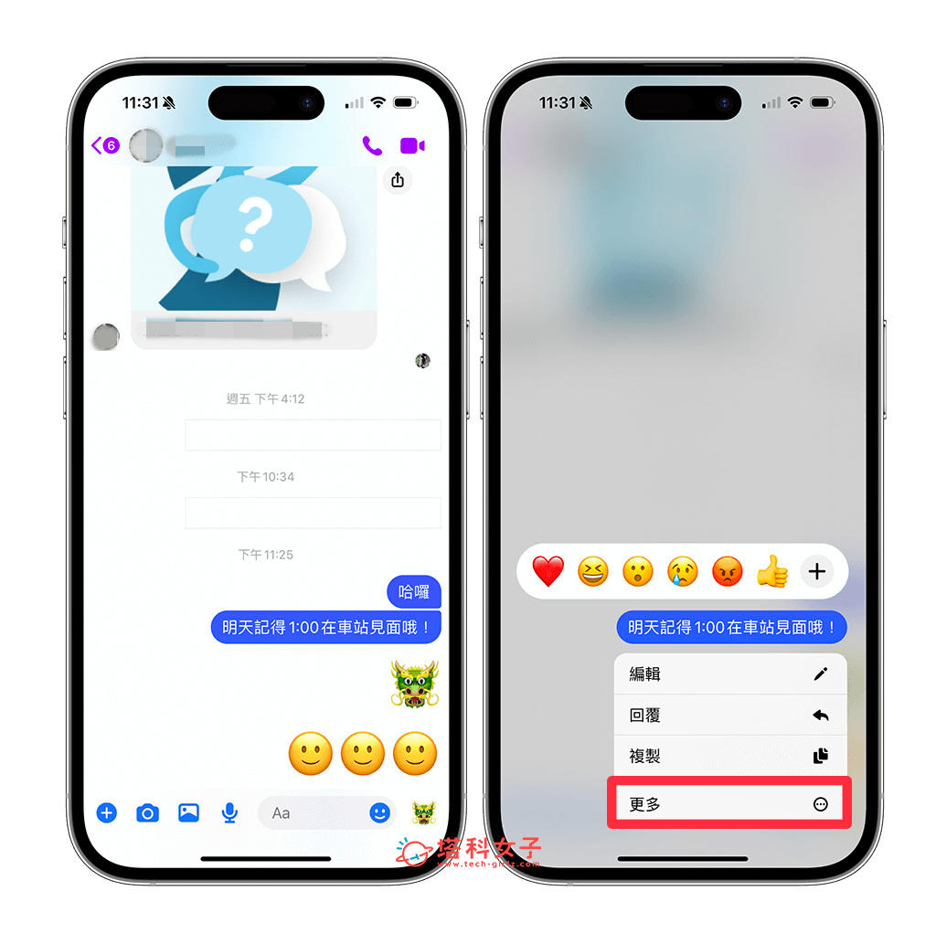 Messenger 提醒訊息功能：長按訊息 > 更多