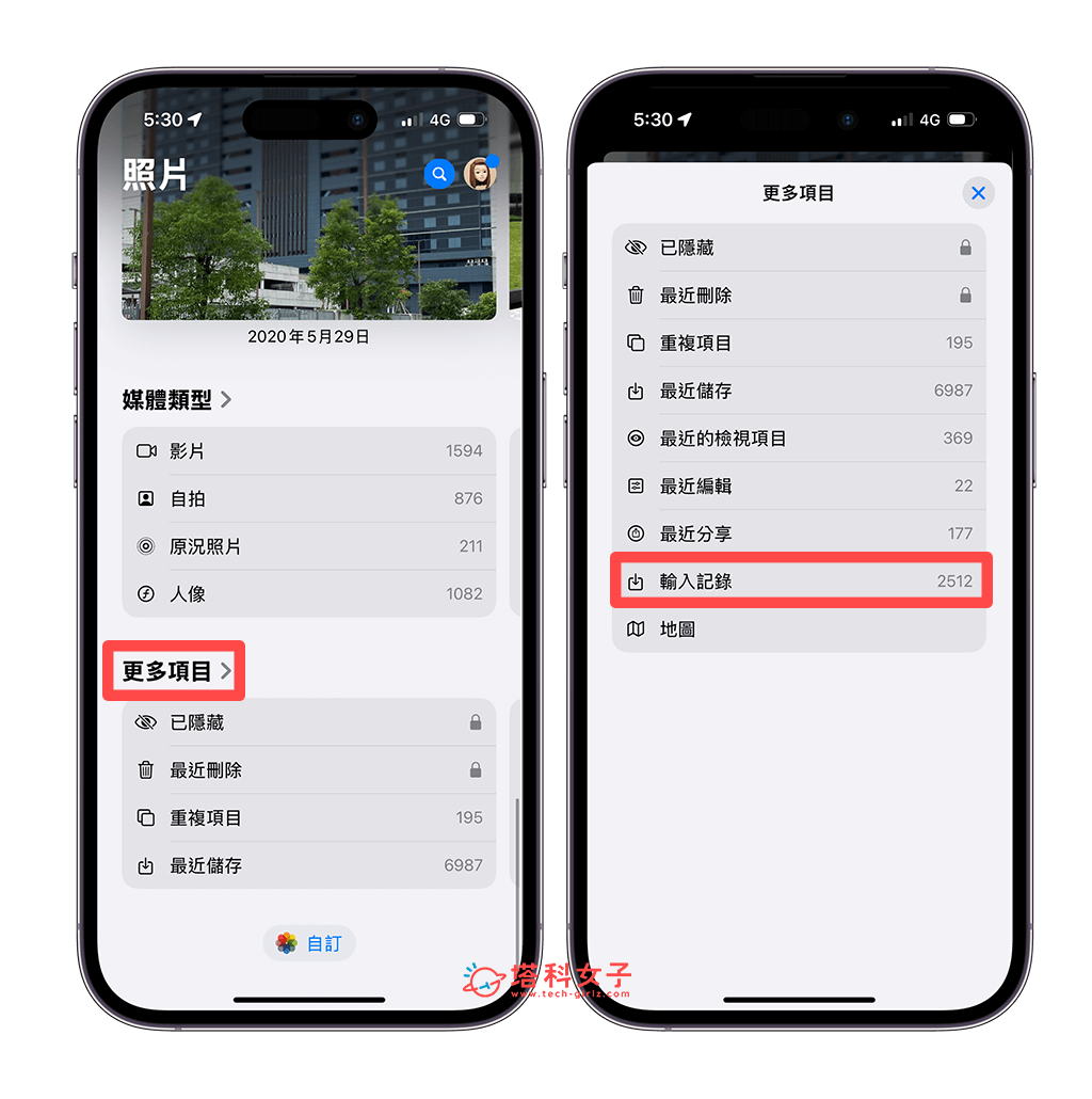 iPhone 相簿輸入紀錄：iOS18 > 更多項目 > 輸入記錄