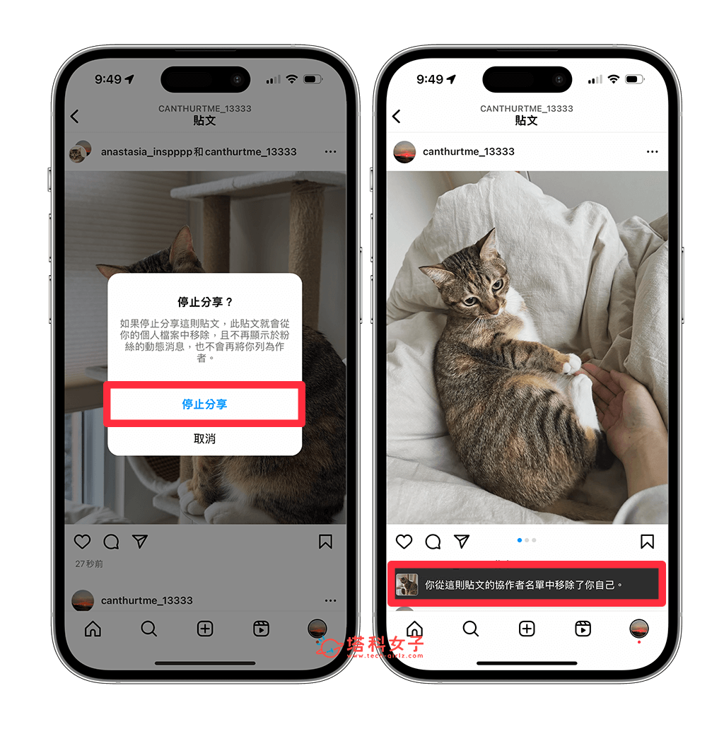 IG 協作貼文停止分享