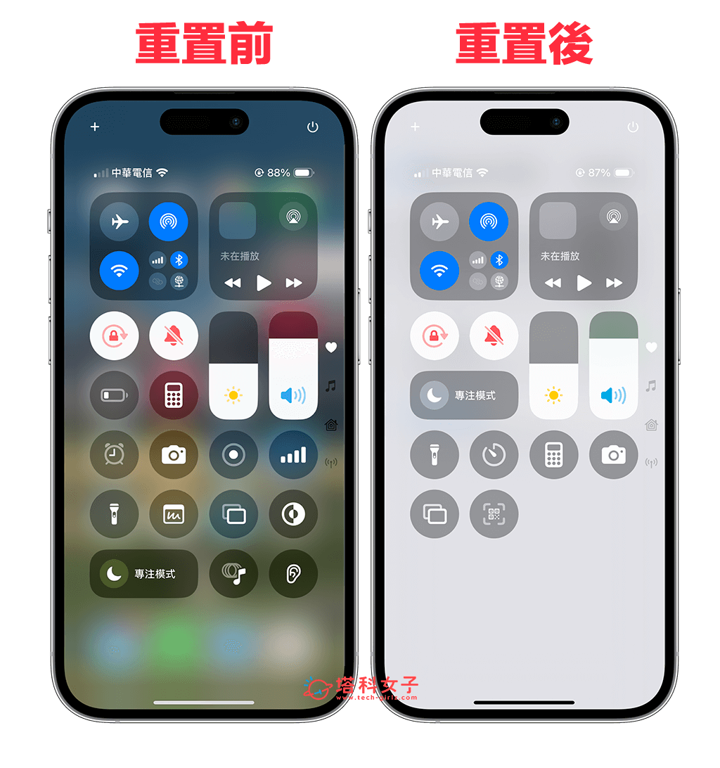 iOS 18.1 重置 iPhone 控制中心：重置前後差異