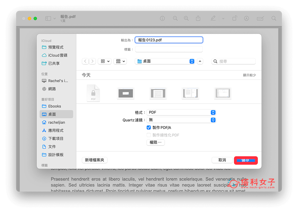 輸入新的 PDF 檔案名稱，點選「儲存」匯出