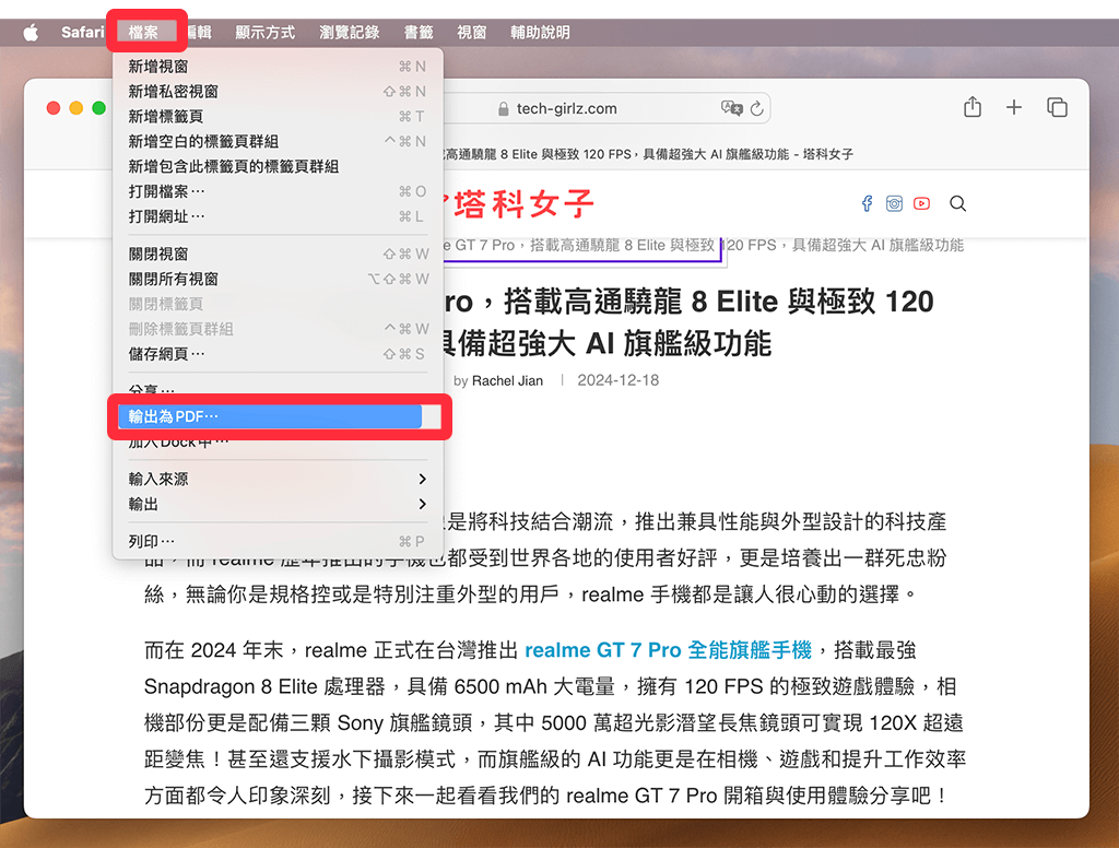 Mac Safari 長截圖：檔案 > 輸出為 PDF