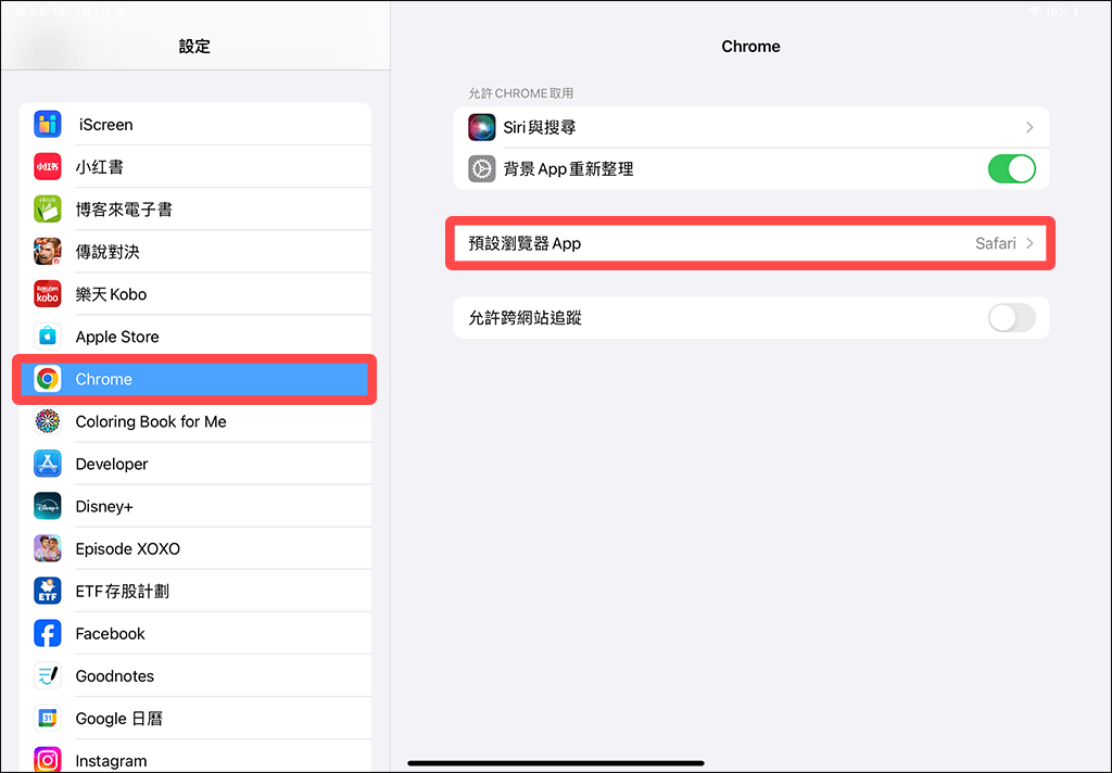 iPad 預設瀏覽器改成 Chrome：設定 > Chrome > 預設瀏覽器 App