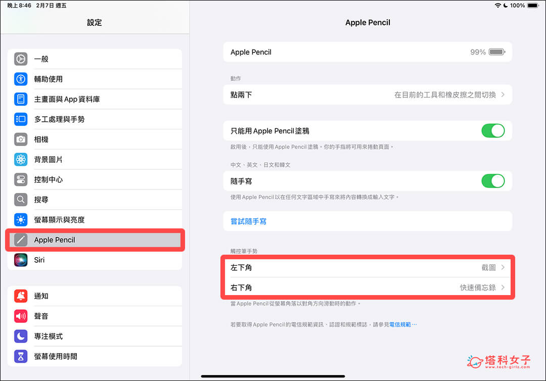 Apple Pencil 截圖設定