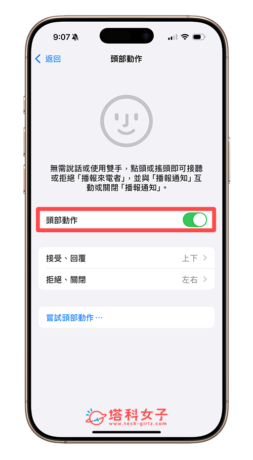 AirPods 頭部動作設定：開關