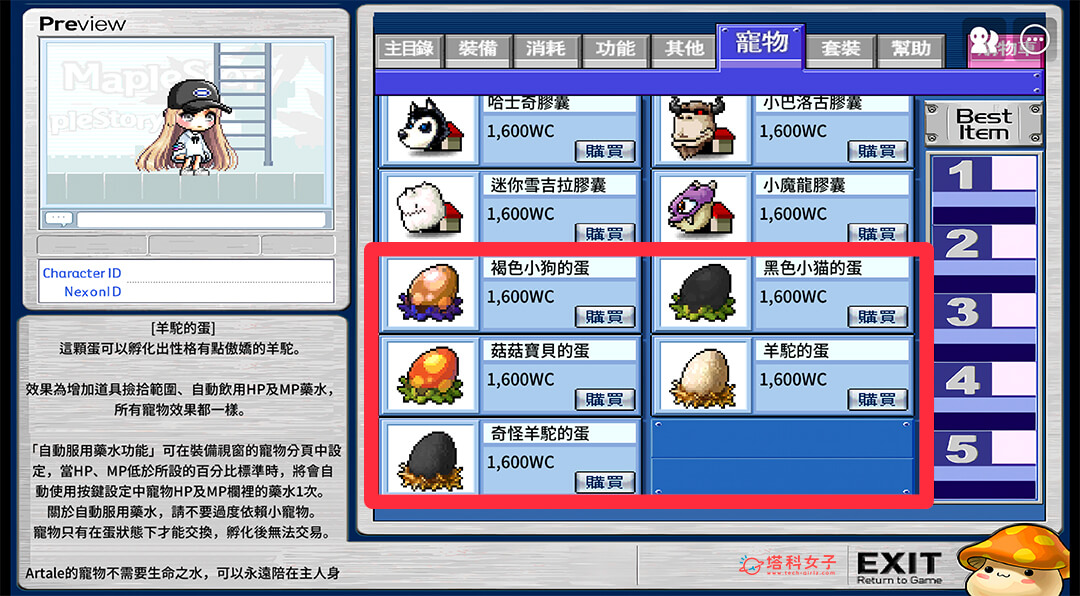 楓之谷 artale 購買寵物：寵物的蛋