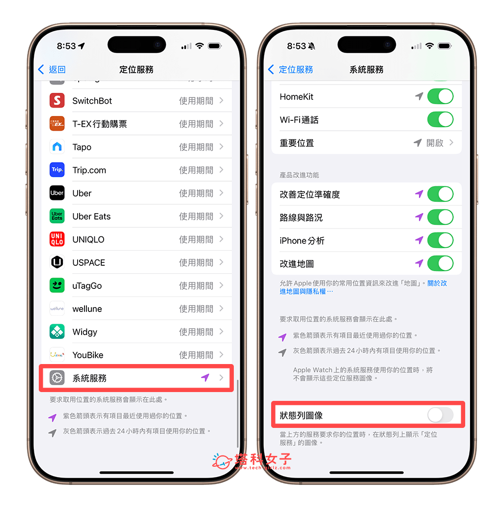 iPhone 左上角時間藍色關閉：系統服務 > 狀態列圖像