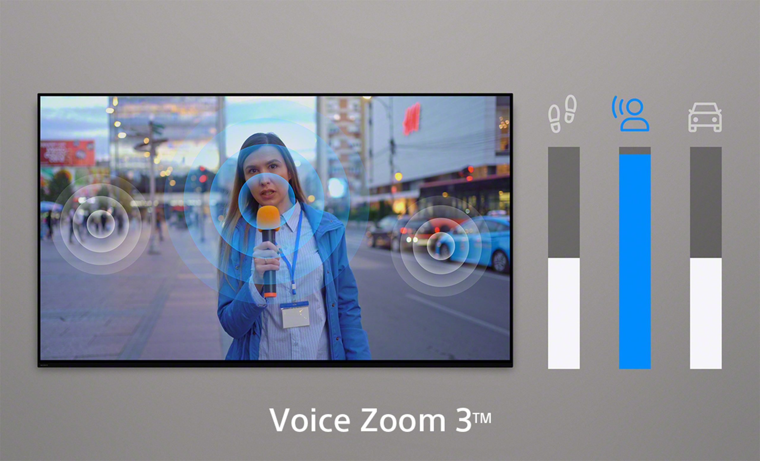Voice Zoom 3 功能透過人工智慧技術辨識並聚焦人聲，即使是細微的對話都能清晰傳遞。 