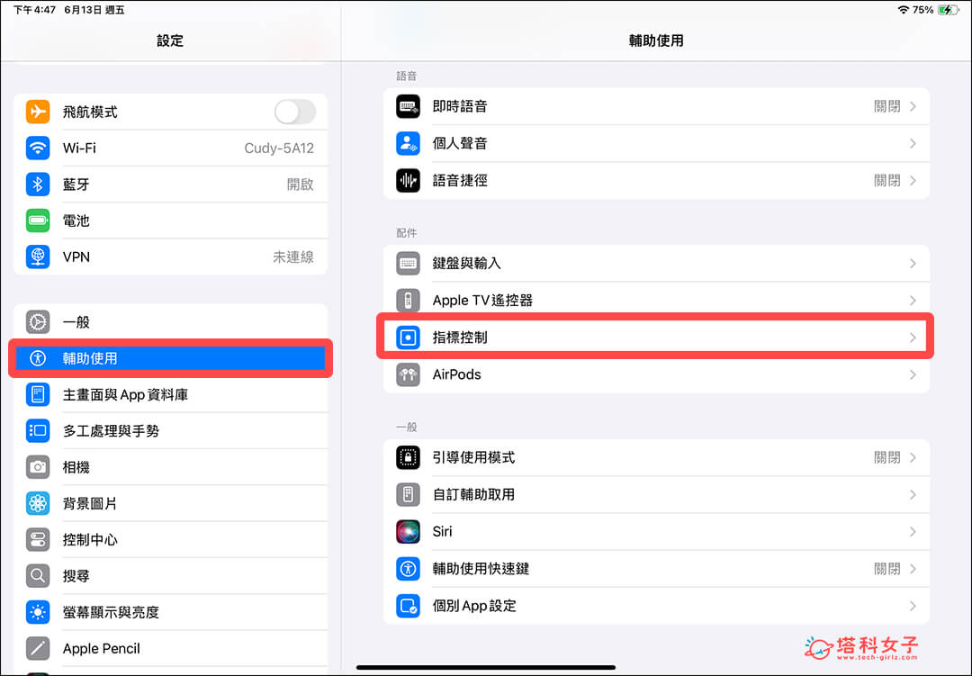 更改 iPad 游標設定：設定 > 輔助使用 > 指標控制