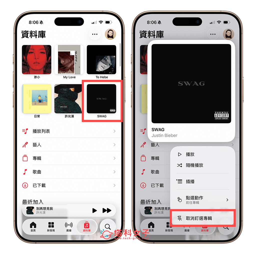 Apple Music 取消釘選播放清單或專輯