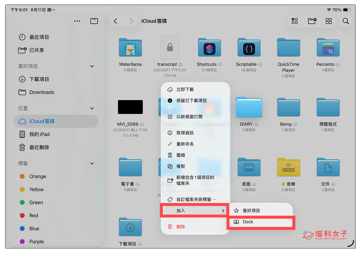 iPad 檔案資料夾加入 Dock：加入 > Dock