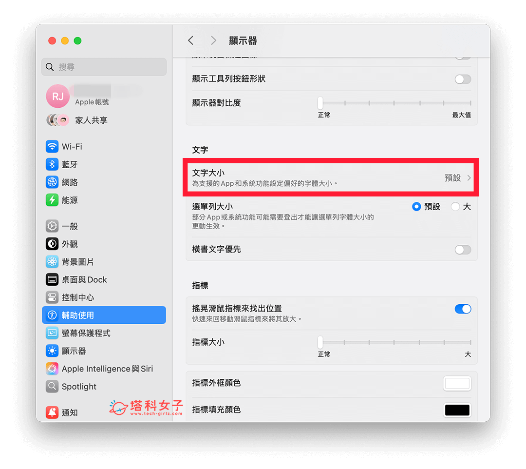 更改 Mac 字體大小：文字大小
