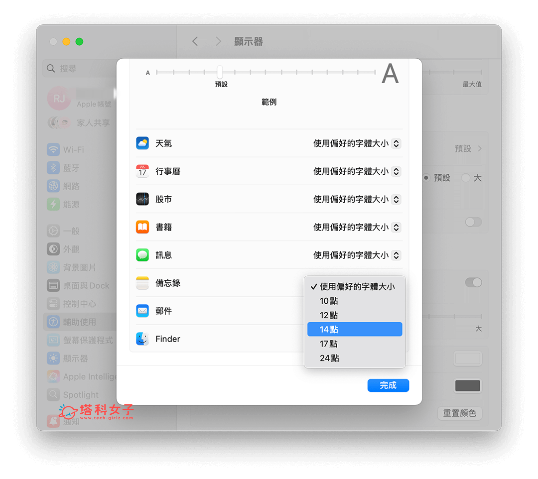 更改 Mac 特定 App 字體大小