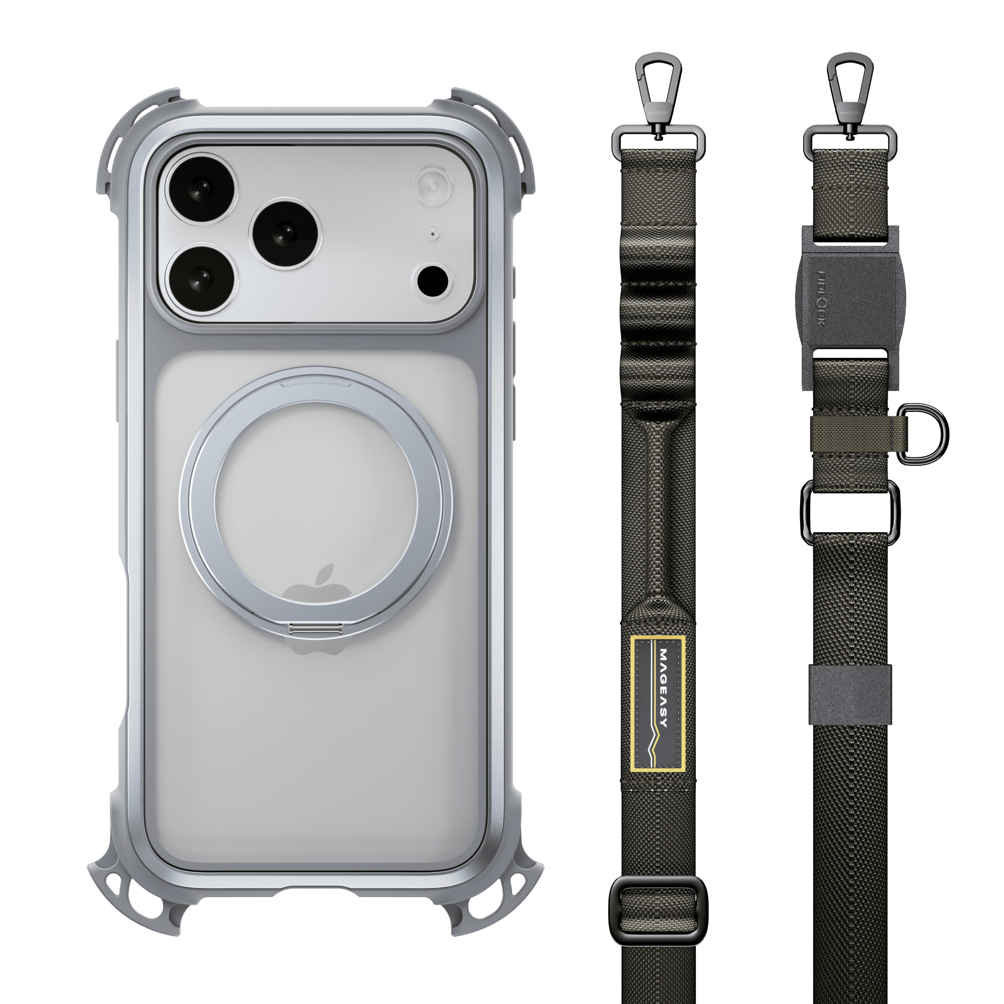 圖1：Odyssey Ultra M 終極防摔磁吸支架掛繩手機殼。迷霧/岩石灰，午夜/黑色，共兩色。