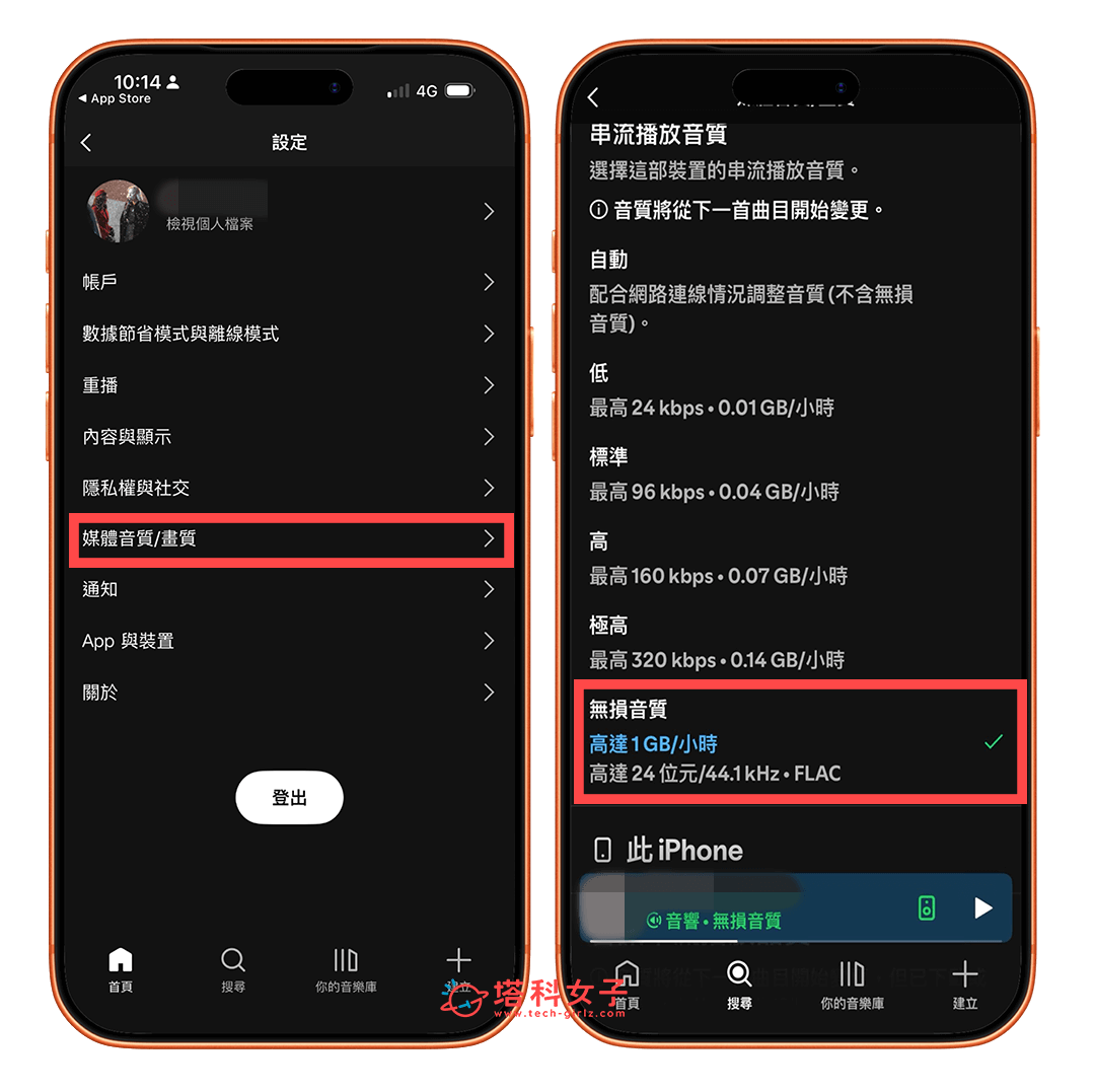 Spotify 無損音質設定：媒體音質 > 無損音質