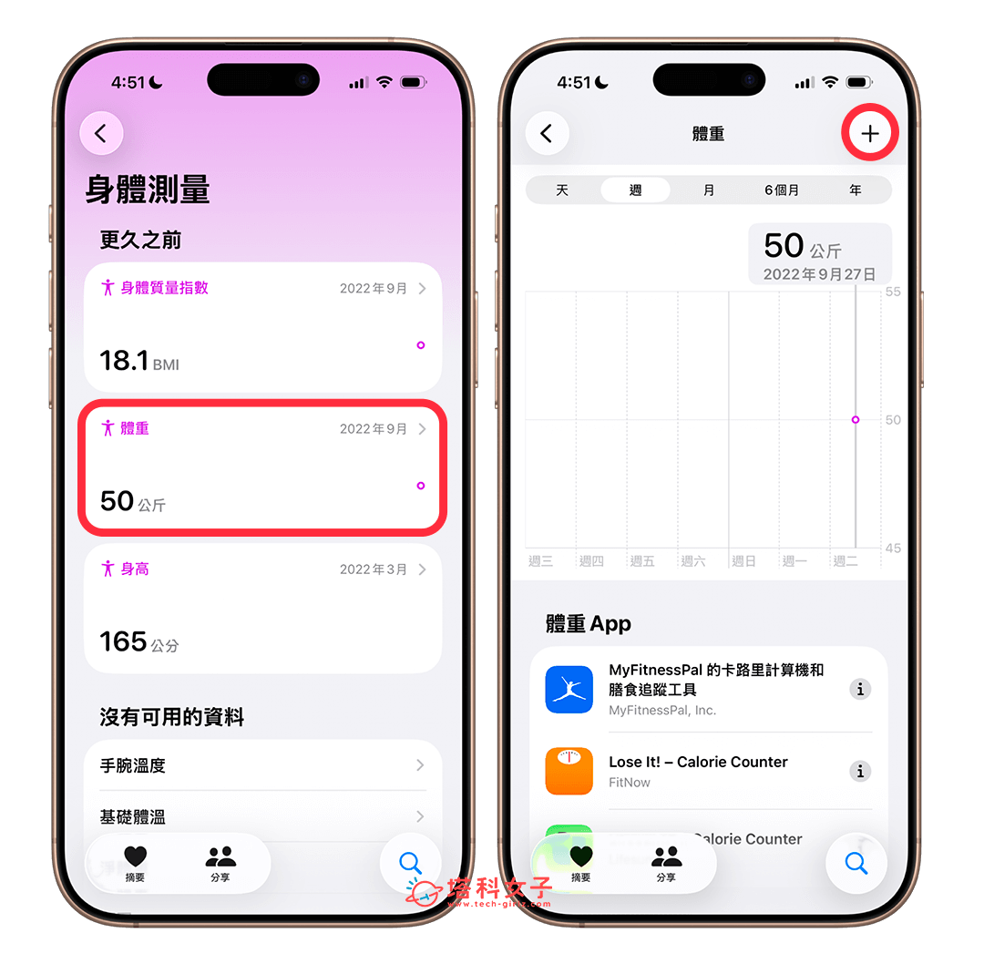 iPhone 體重記錄：體重 > 新增