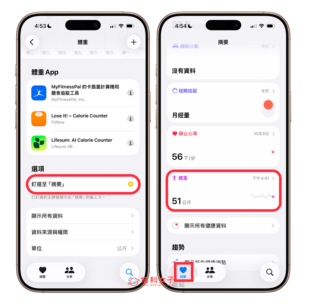 將體重記錄釘選至 iPhone 健康摘要中