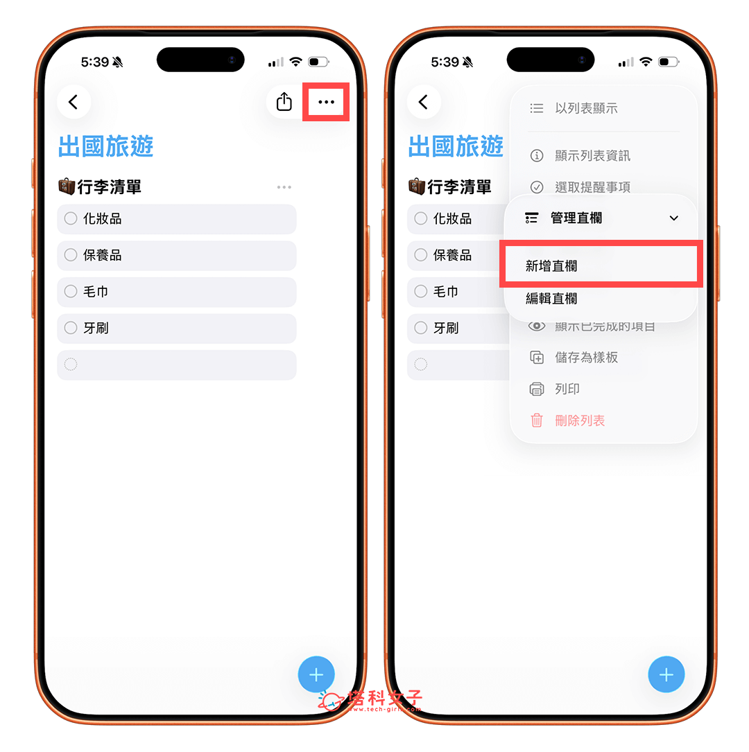 iPhone 提醒事項建立更多直欄