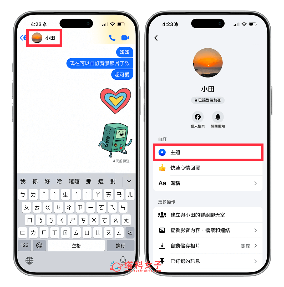 手機版 Messenger 背景自訂照片:點名稱 > 主題