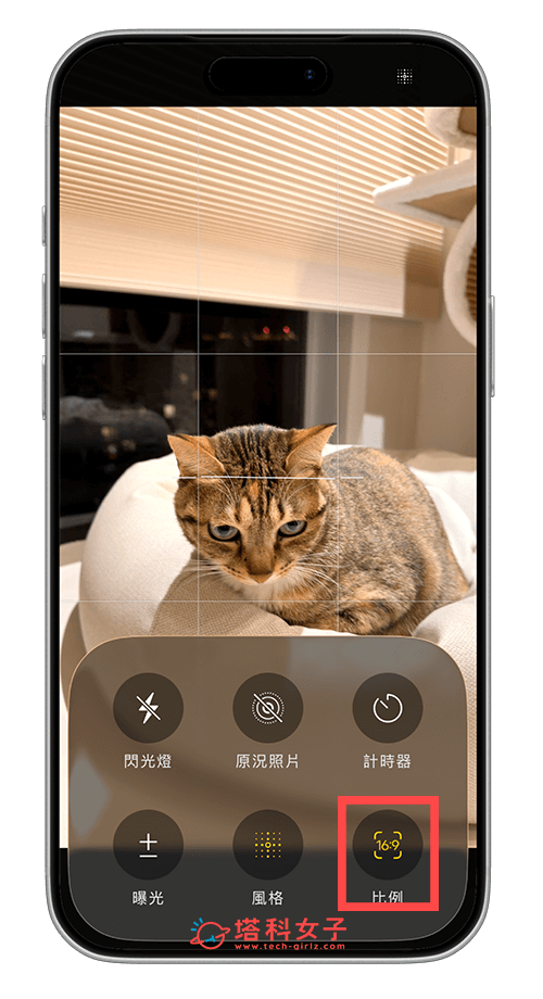 iPhone 相機 16:9 拍攝比例 : 點選比例