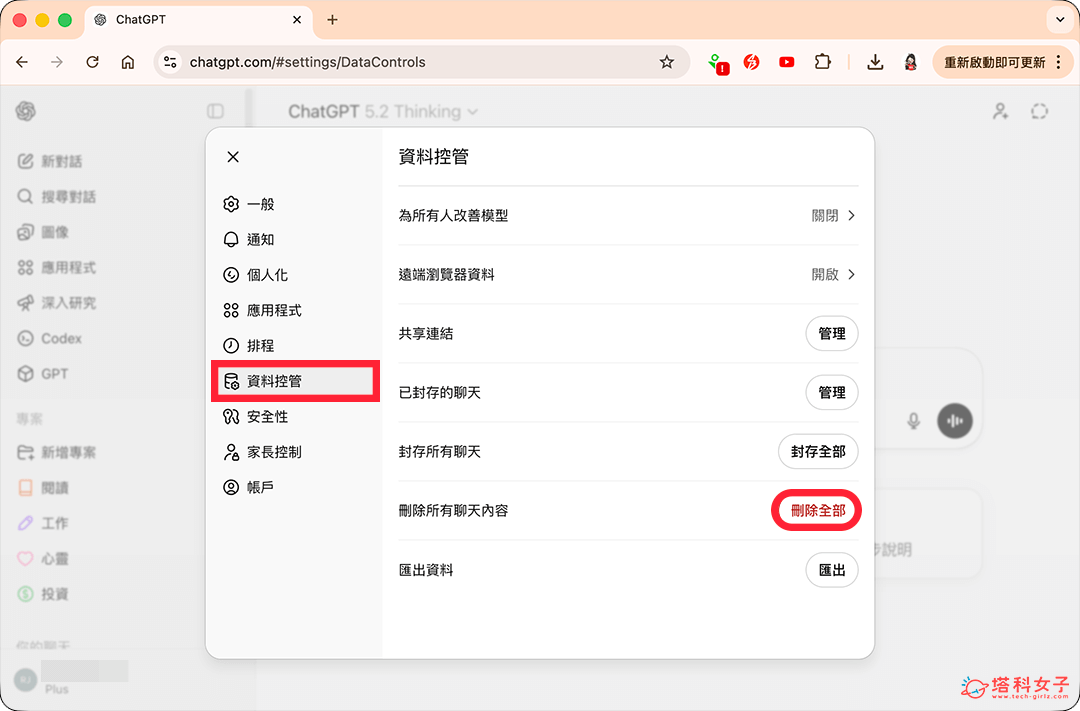 ChatGPT 刪除所有對話紀錄:資料控管 > 刪除全部