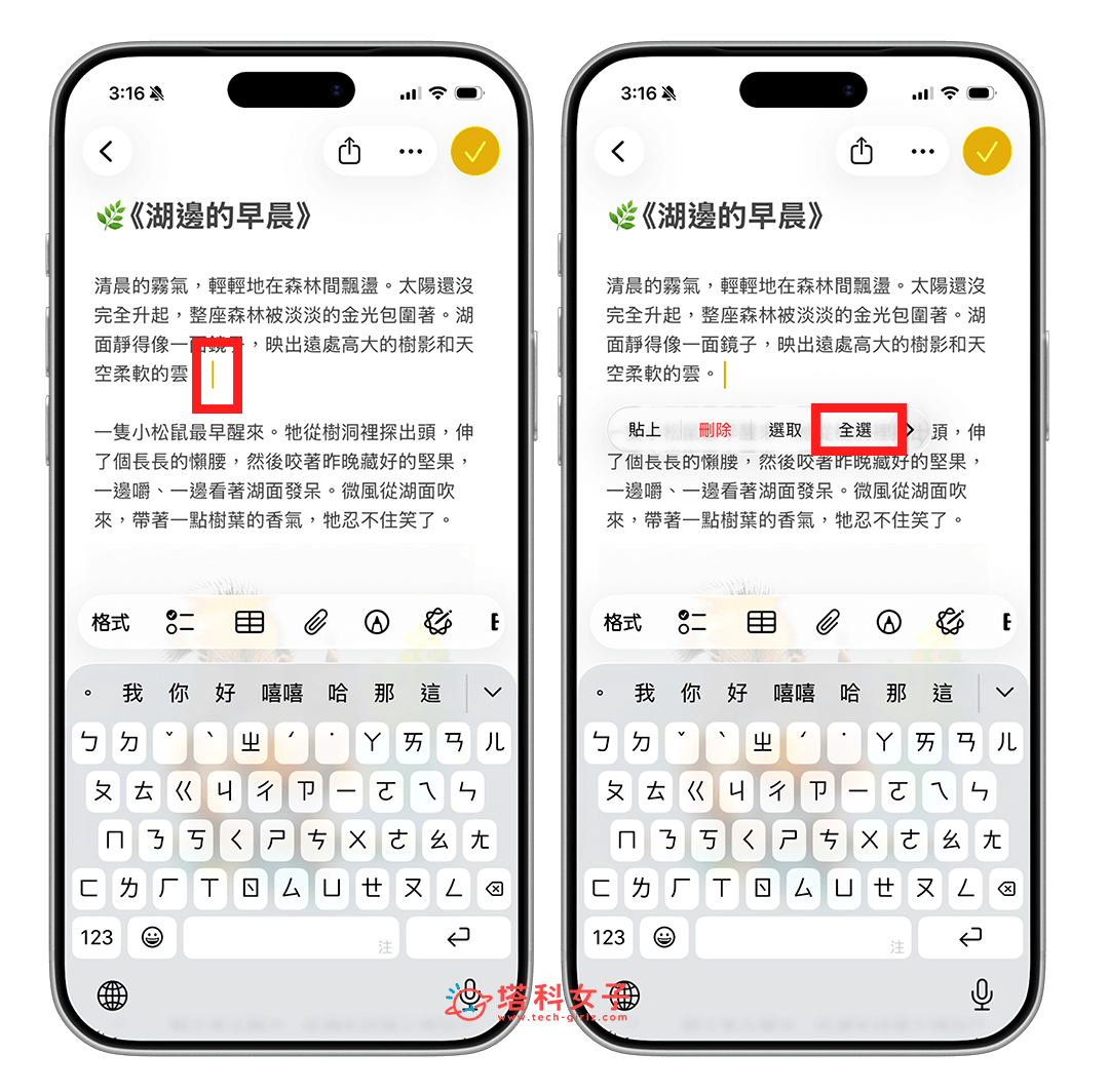 iPhone 全選文字：點一下出現游標後再點一下選擇全選