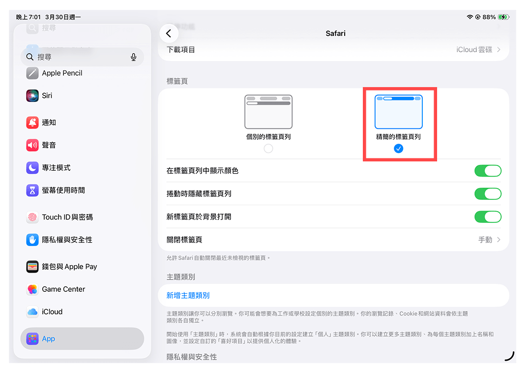 在 iPad 設定 Safari 緊湊式標籤頁（精簡標籤頁）