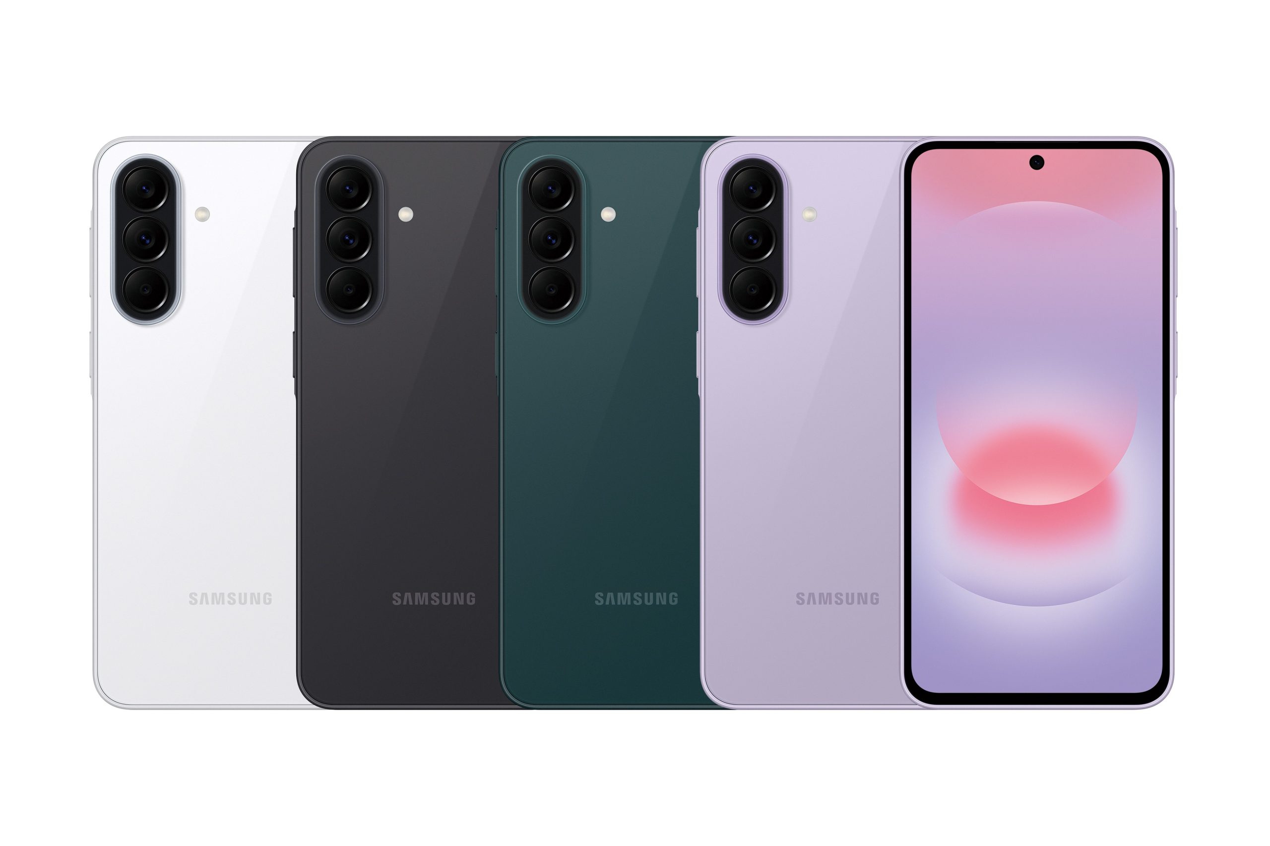  Galaxy A37 5G 推出極簡白、潮流灰、水洗綠、甜酷紫 4 色選擇 (由左至右)