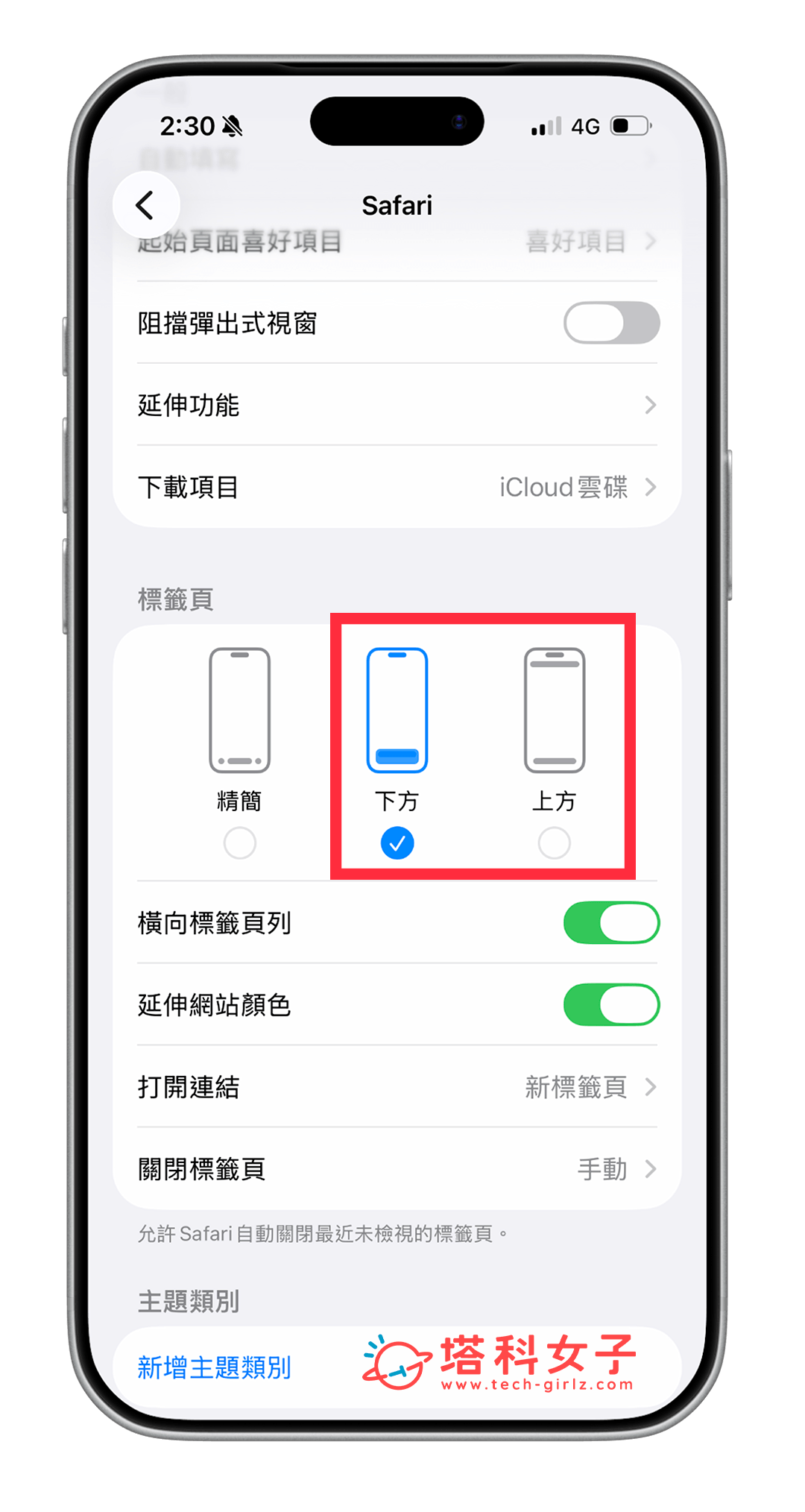 更改 Safari 標籤頁樣式:下方/上方