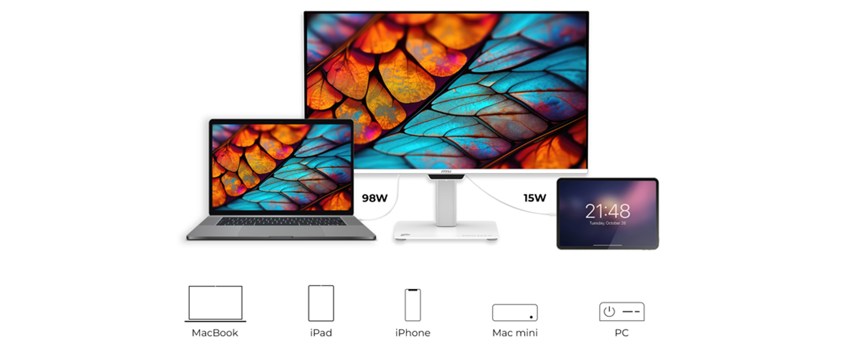 便利性早已融入產品設計之中。98W / 15W 雙 USB Type-C 可同時處理資料傳輸、4K 影像輸出與供電,讓工作空間保持俐落整潔、免除線材雜亂。