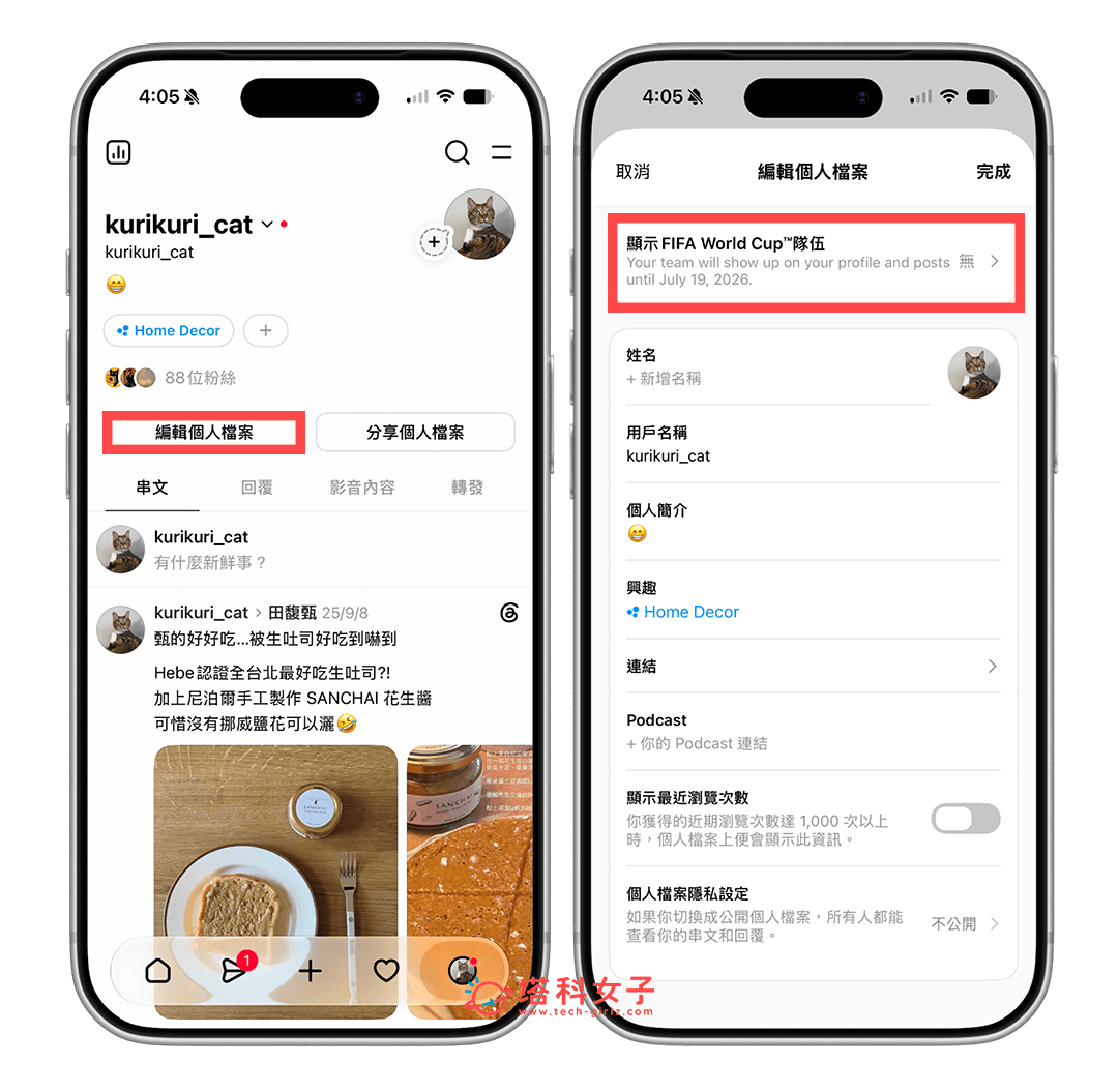Threads 顯示支持的 FIFA 世界盃隊伍:編輯個人檔案 > 顯示隊伍