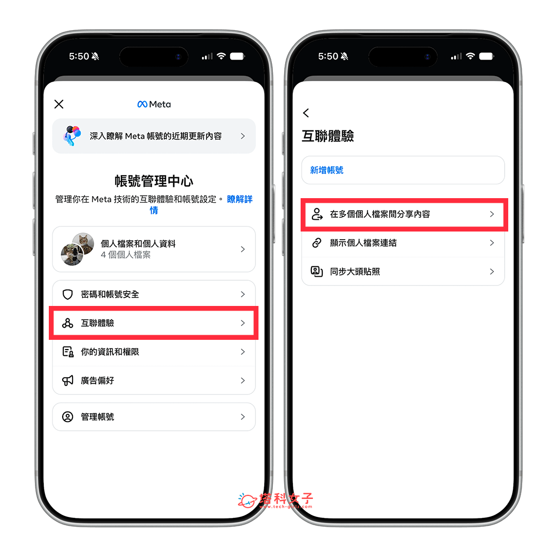 FB、Threads 取消同步發文：互聯體驗 > 多個個人檔案間