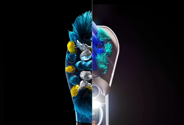 Dyson CameraJet™ 採用變頻音波震動技術,持續改變刷動角度,減少刷毛接觸牙面時的停滯現象,讓刷毛維持動態接觸,深入難以清潔的口腔區域。