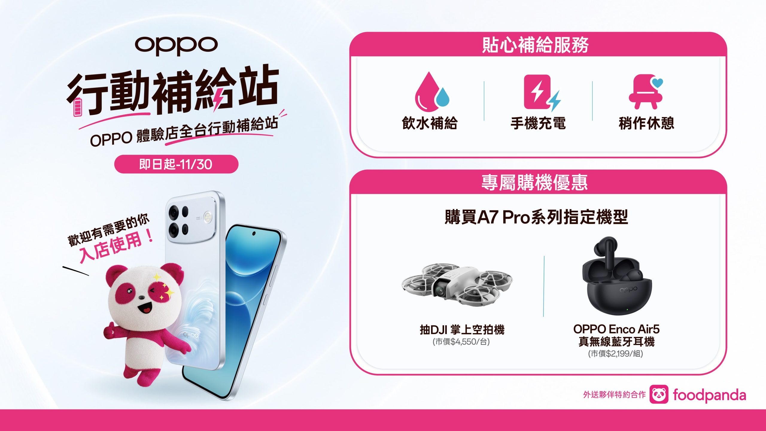 攜手 foodpanda 推出「外送夥伴專屬合作」OPPO 全台共11家體驗店化身「行動補給站」提 供免費充電與休息服務,外送夥伴購買 A7 Pro 系列,登錄再享專屬抽獎活動與專人服務。