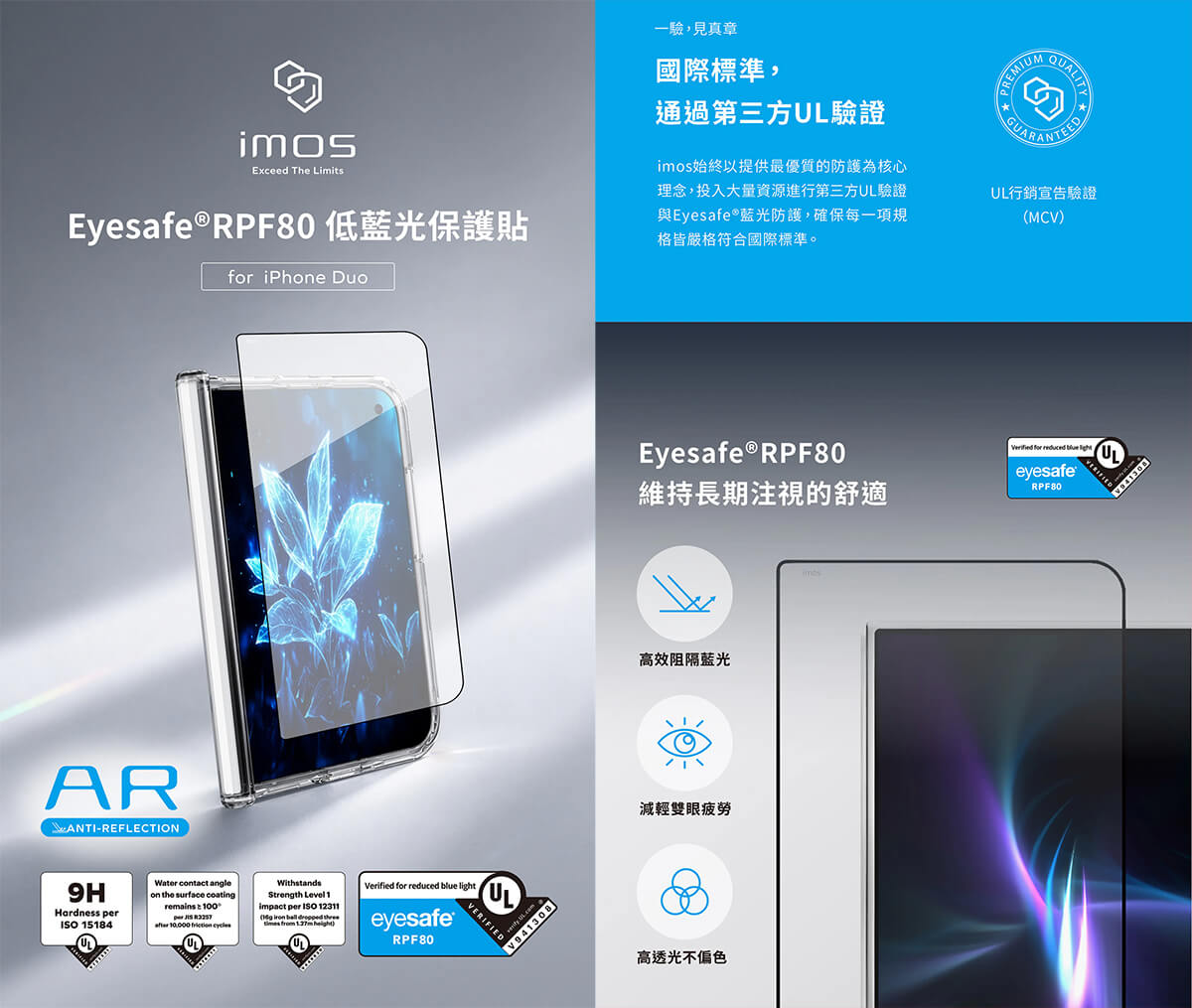 iPhone Duo 保護貼推薦 1:imos RPF80+AR 低反光低藍光玻璃貼
