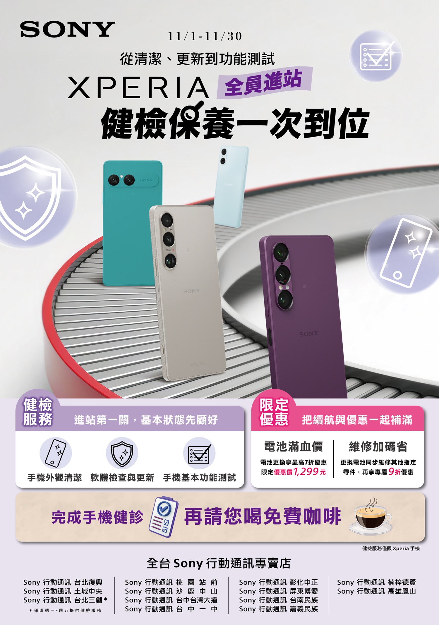 全台 Sony 行動通訊專賣店於 2026 年 11 月 1 日至 11 月 30 日同步推出「免費手機健檢」活動。